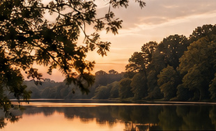Illustrative lake landscape at sunset